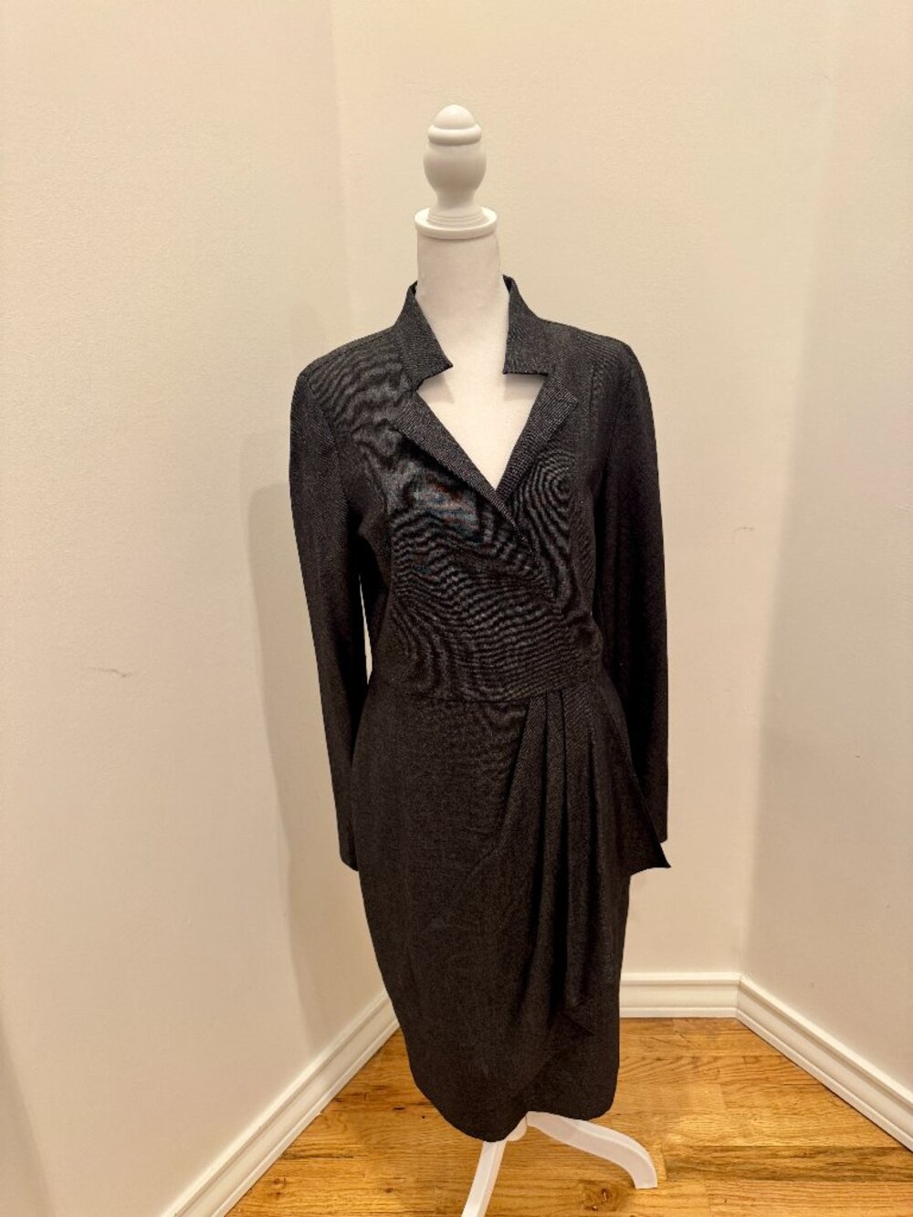 Max Mara Made in Italy Charcoal Wool & Silk Draped Wrap Midi Dress NWT Size 8